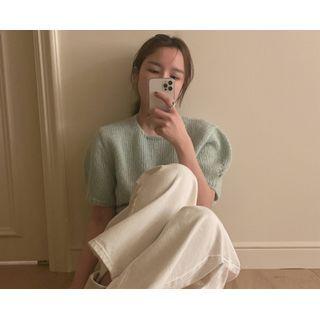 [dearest] Puff-sleeve Perforated Knit Top (mint Green) One Size