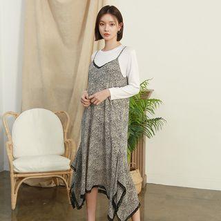 Lace-trim Leopard Maxi Pinafore Dress Beige - One Size