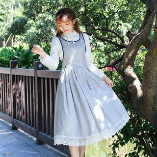 Lace-trim Long-sleeve Blouse / Plaid Midi Pinafore Dress / Side-buttoned Hanfu Jacket / Set