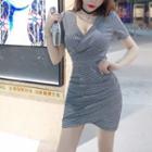 Short-sleeve Plaid V-neck Bodycon Mini Dress