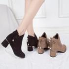 Faux Suede Scallop Trim Block Heel Ankle Boots
