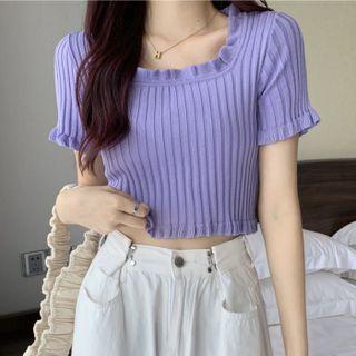 Plain Crop Short-sleeve Knit Top
