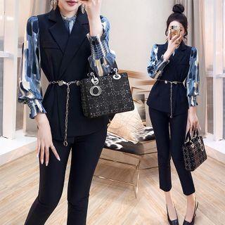 Set: Long-sleeve Print Blouse + Belt + Dress Pants