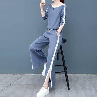 Set: Contrast Trim Long-sleeve T-shirt + Slit-side Wide-leg Pants