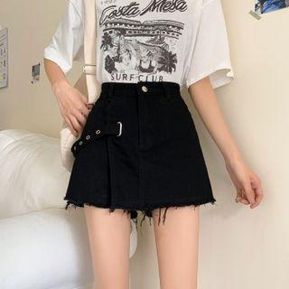 Metal-accent Fray-hem Mini Denim Skort
