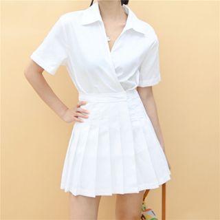 Plain Pleated A-line Mini Shirtdress