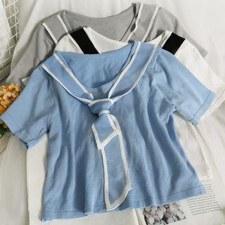Contrasted Inset-shawl Crop Knit Top
