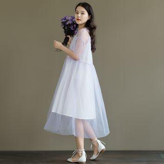 Set: Embroidered Strappy Dress + Mesh Elbow-sleeve A-line Midi Dress