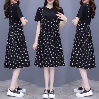 Mock Two-piece Short-sleeve Bow Print A-line Dress