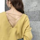 Plain V-neck Open-back Long-sleeve Blouse