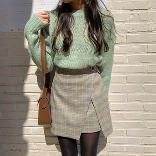 Glen-plaid Wrap Miniskirt Gray - One Size