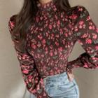 Mock-neck Puff-sleeve Floral Print Blouse