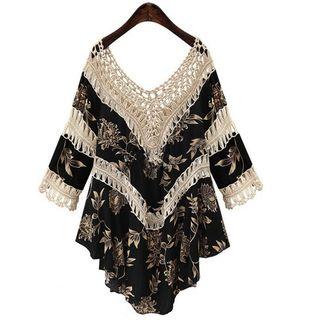 Elbow-sleeve V-neck Crochet-trim Mini Dress