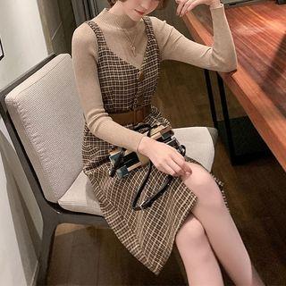 Set: Plain Sweater + Plaid Pinafore Dress