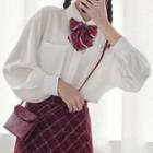 Ribbon Bow Shirt / Plaid Midi Skirt