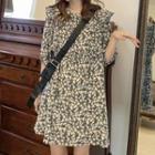 Elbow-sleeve Floral Mini Smock Dress Floral - Dark Gray - One Size