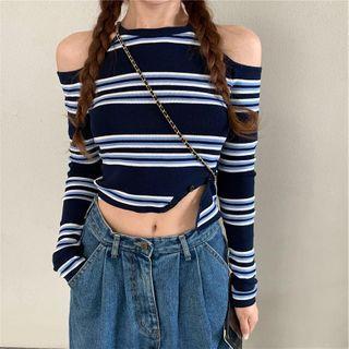 Long-sleeve Cold Shoulder Striped Crop Top Dark Blue - One Size