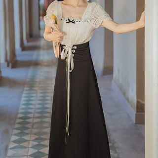 Set: Short-sleeve Lace Top + Lace-up Midi A-line Skirt