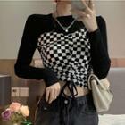 Mock Two-piece Long-sleeve Checkerboard Drawstring Top Black - One Size