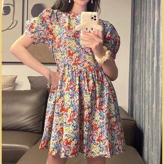 Short-sleeve Floral Print Mini A-line Dress Floral - Red & Yellow & Blue - One Size
