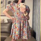 Short-sleeve Floral Print Mini A-line Dress Floral - Red & Yellow & Blue - One Size