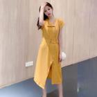 Short-sleeve Belt-waist A-line Dress
