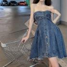 Off-shoulder Single-breasted Denim Tube Dress