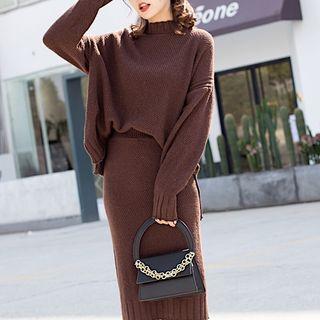 Set: Mock-neck Sweater + Knit Midi Fitted Skirt