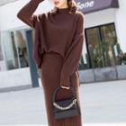 Set: Mock-neck Sweater + Knit Midi Fitted Skirt