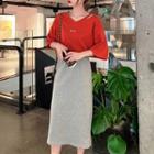 3/4-sleeve Cutout Letter T-shirt / Slit Midi Skirt