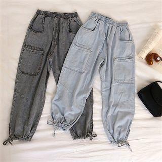 Plain High-waist Lace-up Denim Cropped Pants