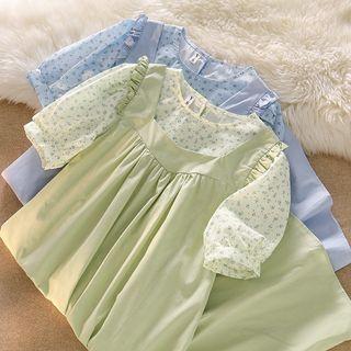 Short-sleeve Floral Top / Ruffle Trim Midi Overall Dress