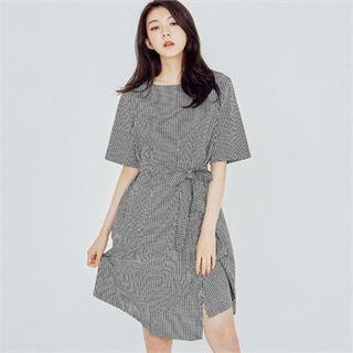 Square-neck Patterned Dress With Sash