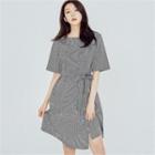 Square-neck Patterned Dress With Sash