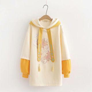 Panel Sleeve Flower Hooded Sweatshirt Khaki - One Size
