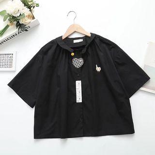 Elbow-sleeve Cropped Embroidered Shirt