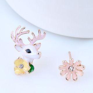 Non-matching Alloy Deer & Flower Earring As Shown In Figure - One Size