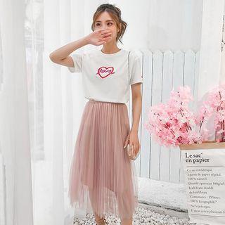Set: Sequined Short-sleeve T-shirt + Midi Mesh Skirt