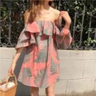 Bell-sleeve Off-shoulder Print Mini A-line Dress