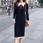 Long-sleeve Contrast Trim Knit Polo Dress As Shown In Figure - One Size