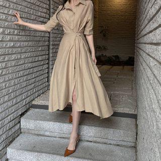 Short-sleeve Single-breasted Dress With Belt