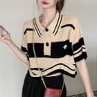 Short-sleeve Knit Polo Shirt Polo Shirt - Stripe - Black & Beige - One Size