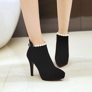 Faux Pearl High Heel Pointed Ankle Boots
