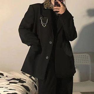 Plain Loose-fit Blazer / Leopard Knit Top