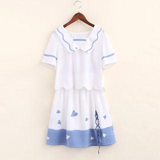 Set: Star Print Collared Short Sleeve Top + Heart Print A-line Skirt