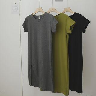 Plain Crewneck Slit-hem Sheath Dress