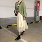 Plain Long-sleeve Blouse / Mesh Midi A-line Skirt