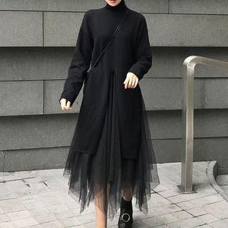 Turtleneck Long Sweater / Midi Mesh A-line Skirt