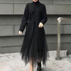 Turtleneck Long Sweater / Midi Mesh A-line Skirt