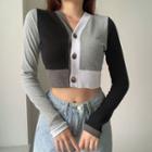 Long-sleeve Button-up Color Block Knit Top